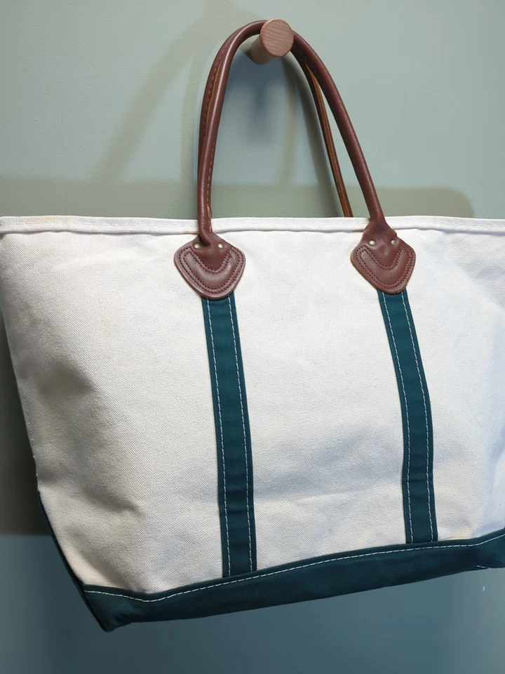 Rare VTG 70s/80s LL Bean Boat & Tote Bag Leather Handles White/Green VGUC LARGE - Image 2 of 4