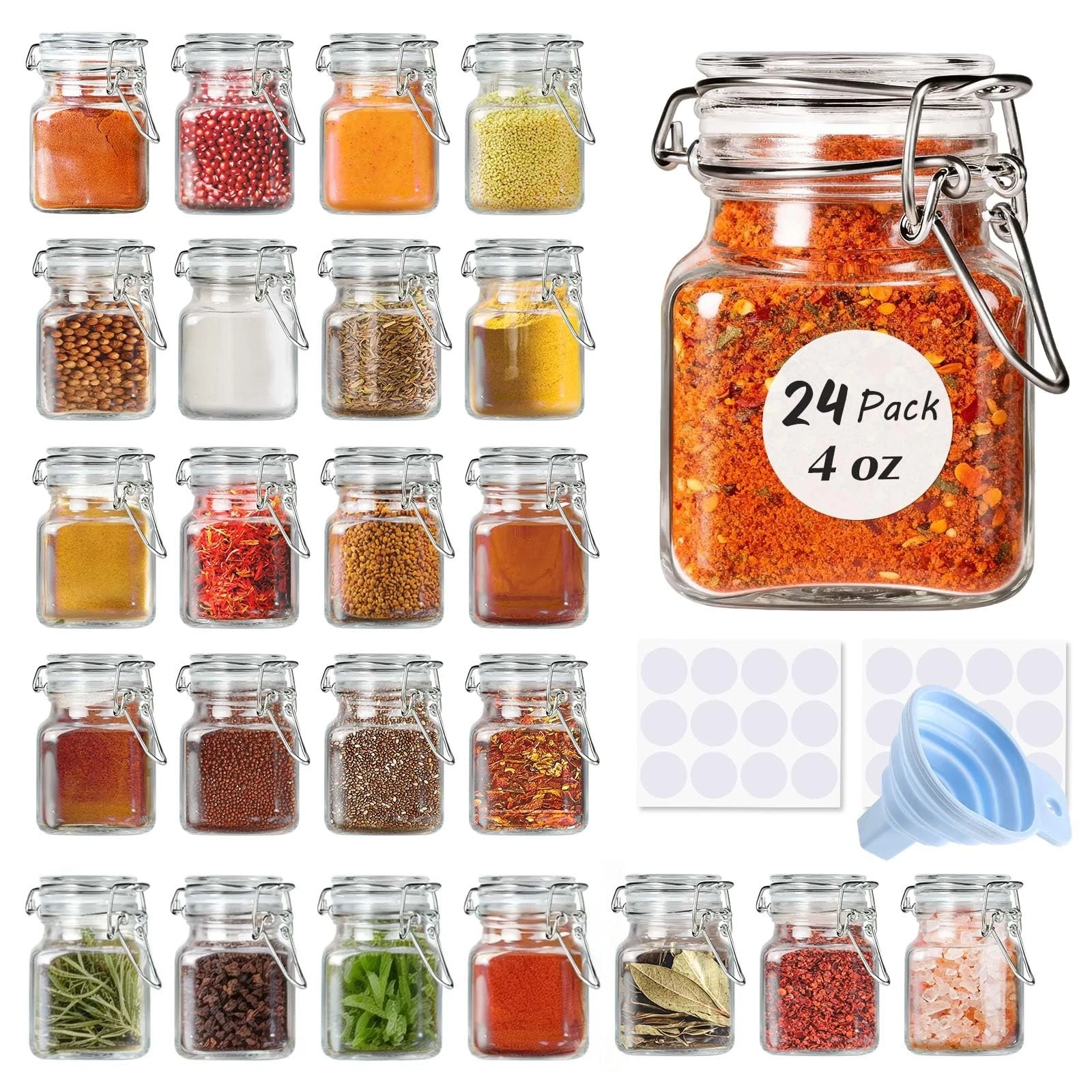 Spice Jars, 24 Pack 4oz Small Glass Jars with Airtight Hinged Lid, With 24 Sp...