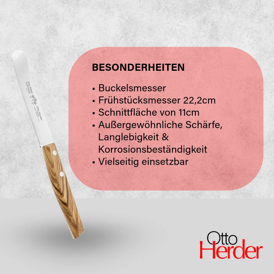 Otto Herder Buckelsmesser Solingen rostfrei, Frühstücksmesser 22,2 cm,Olivenholz - Bild 3 von 4
