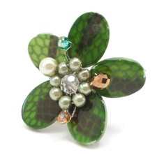 Gorgeous Green Tropical Flower Snakeskin Pattern Shell, Pearl, and Crystal Ring