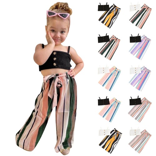 Toddler Girls Summer Outfits Set Sleeveless Tops Vest Striped Printed Pants Belt