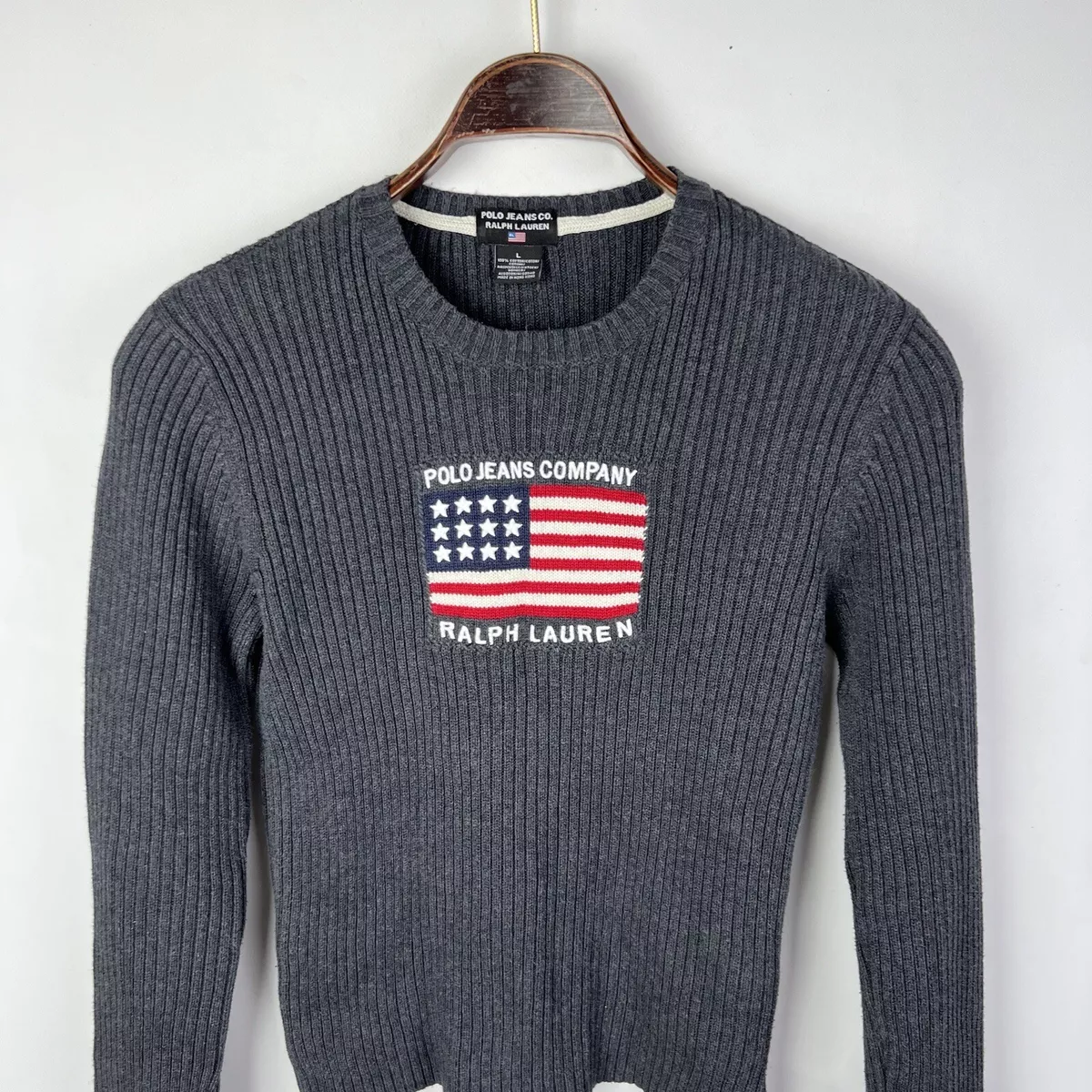 Vintage Polo Ralph Lauren American Flag Logo Sweater Women’s L Made In Hong  Kong