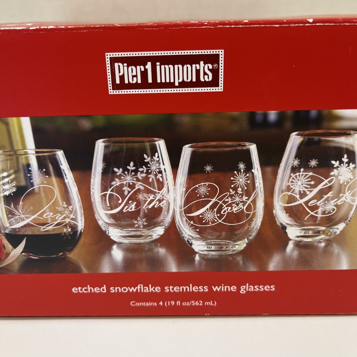 Pier 1 Imports Set (4) Etched Stemless Wine Glasses Christmas Box Joy Noel  Snow