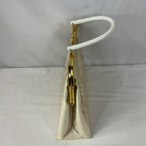 Vintage 1950s ER Purse Handbag Beige Cloth Clear Vinyl Lucite Floral 3D Miami - Picture 4 of 9