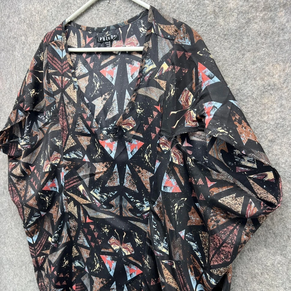 Volcom Shirt Women Medium Black Pink V Neck Casual Geometric Blouse Tunic Top - Image 4 of 4