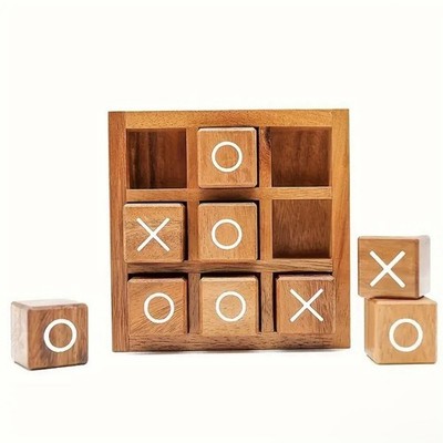 10 Piece Premium Solid Wooden Tic Tac Toe Board Game - New
