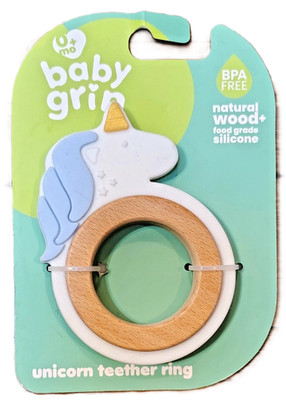 Baby Grin - Unicorn Teether Ring - BPA Free - Natural Wood And Silicone -- NEW