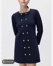 Zara Dress Womens Medium Blue Knit Shift Gold Button Double Breasted Mini Work
