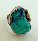 Silver Turquoise Antique Vintage Old Pawn Ring, Size 7, Large Unique Turquoise