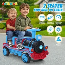 Large Blue 12V Powered 2-Seater Kids Ride On Train 2 Speeds,Music,Lights,Storage