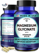 USA Made Pure Magnesium Glycinate Capsules 120Mg Elemental with B6 (P-5-P) β Hig