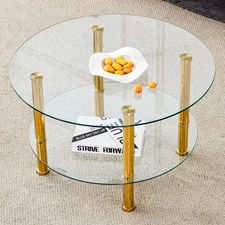 Contemporary Minimalist Double Layer Glass Coffee Table Gold Legs