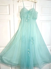 Vtg Vanity Fair 34 Gown Chiffon Dbl Seafoam Semi Sheer Evening Dress Negligee