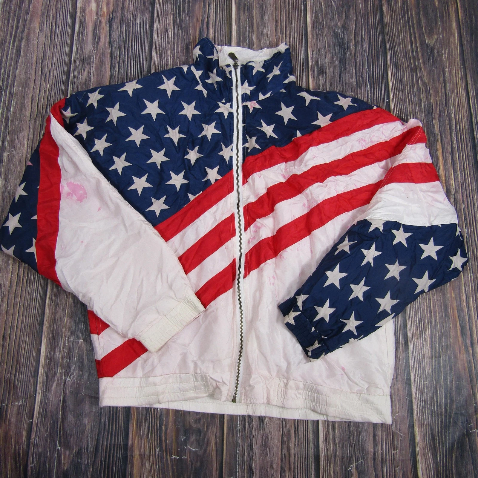 Fu Da International Jacket Mens Medium Red White Blue Silk USA Flag Windbreaker