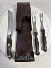Vintage CUTCO 3 Piece Knife And Fork Set Brown Handles, Wall Mount