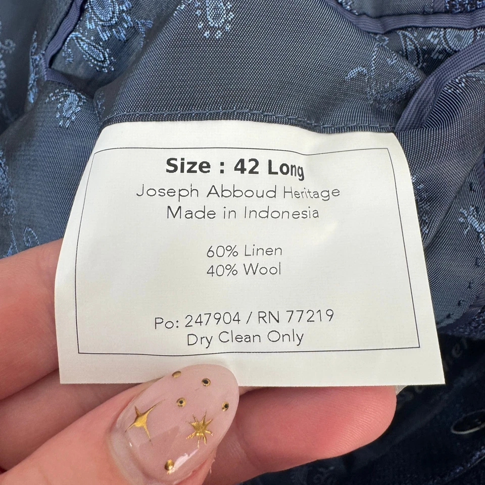 Joseph Abboud Heritage Men Navy Blue Blazer 42 Long Linen Wool Blend Sport Coat - Image 4 of 4