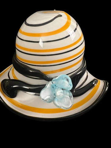 Hand Blown Hat Orange Black Art Glass Light Blue Flower - Block Crystal Swirls - Picture 4 of 7