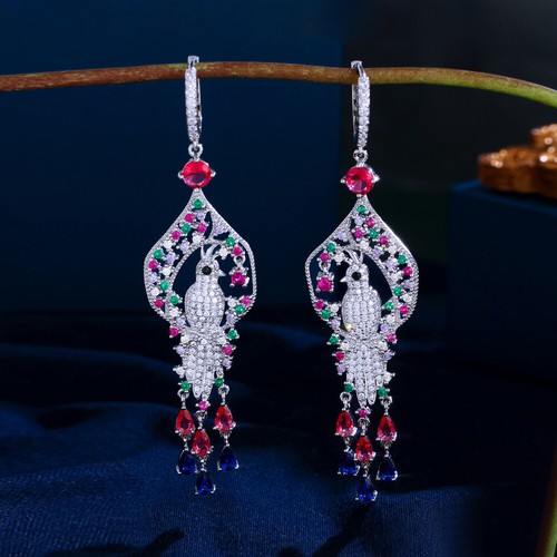 Pendientes colgantes largos de pájaro con borla Huggie enchapados en plata circonita cúbica joyería multicolor - Imagen 8 de 8