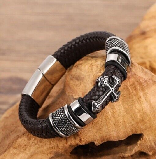 Men Leather Cross Bracelet Silver Cross Bracelet Religious 