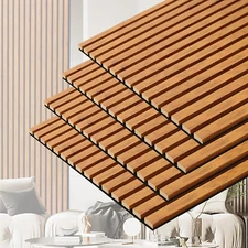 3D Slat Acoustic Wall Panels with Wood Finish Accent, 4 Pack Sound Absorbing Pan