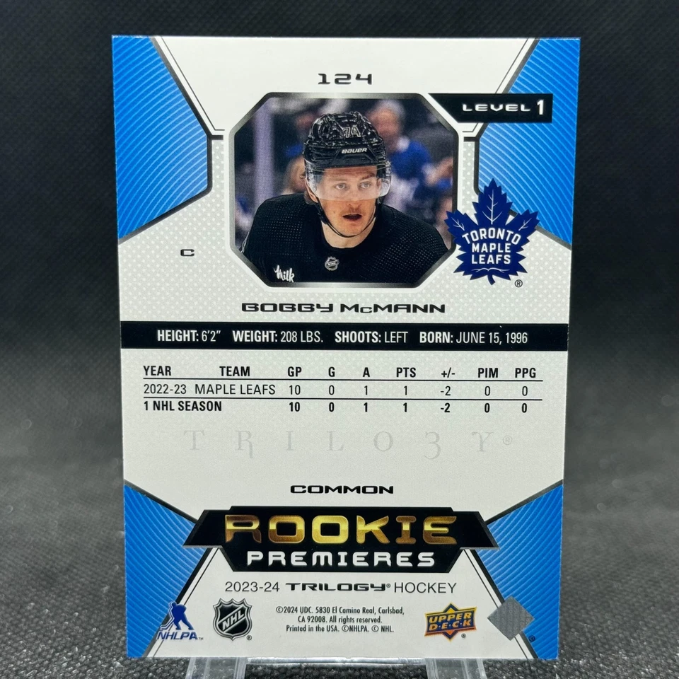 Bobby McMann 2023-24 UD Trilogy Rookie Premieres Level 1 /999 Maple Leafs #124 - Image 2 of 2