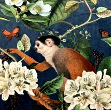 Tropical Botanical Blue Printed Italian Velvet Fabric Monkeys Birds by Metre 