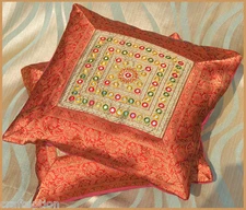 Pair of (two) mirror silk hand embroidered red brocade pillow cover from India!