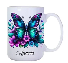 15oz CERAMIC COFFEE MUG - BEAUTIFUL FLORAL COLORED BUTTERFLY PERSONALIED.