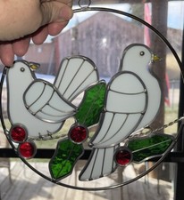 Stained Glass White Peace Double Dove Suncatcher with Holly Berries 8  Loop