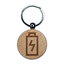 Battery Charging Symbol Doodle Engraved Wood Round Keychain Tag Charm