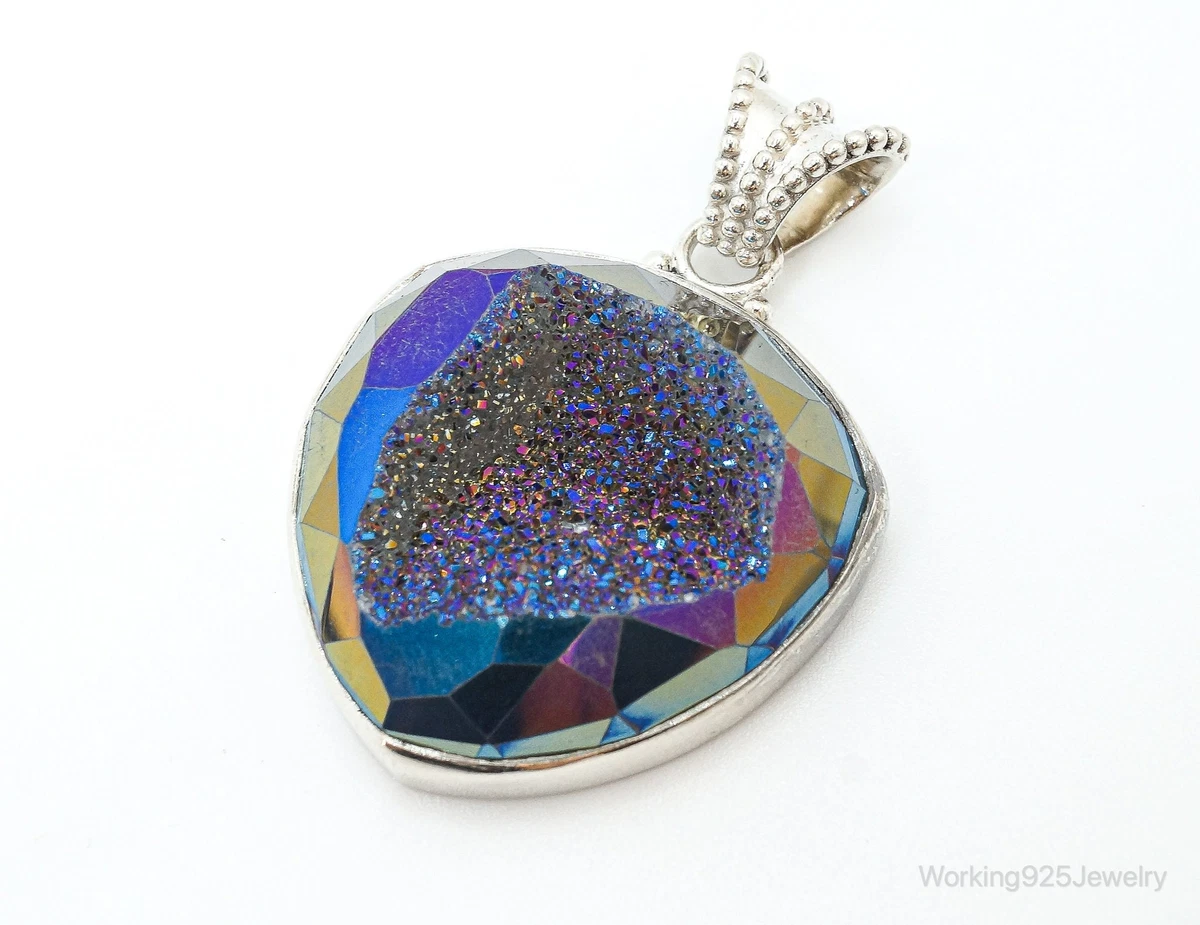 Vintage Large Druzy Quartz Sterling Silver Necklace Pendant eBay