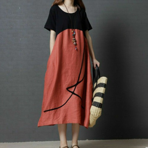Womens Linen Ethnic Loose Midi Dress Short Sleeve High Waist Pocket Tunic - Picture 6 of 12