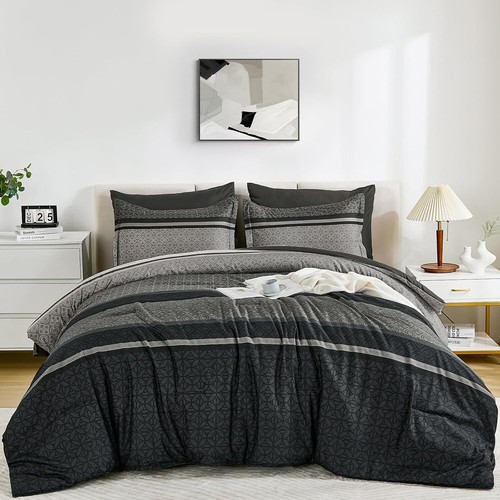 WONGS 7-Pcs Boho Comforter Set - Striped Microfiber Bed in a Bag For All Season - Picture 28 of 68