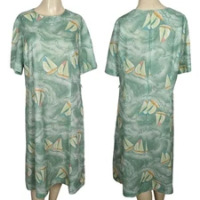Nelly Don Vintage 1970s short sleeve Sail Boat print light green Shift dress L