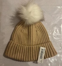 Amazon Essentials Womens Tan W/ Ball on Top OS Winter Beanie Hat Cap New W/Tags