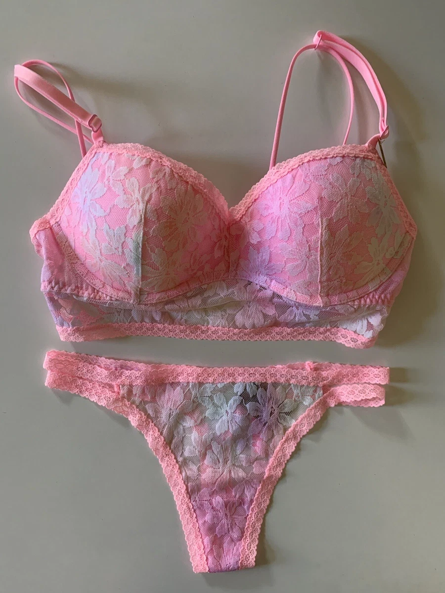 NEW Victoria's Secret PINK Lace Push Up Bralette & Panty Set Pink Blur S