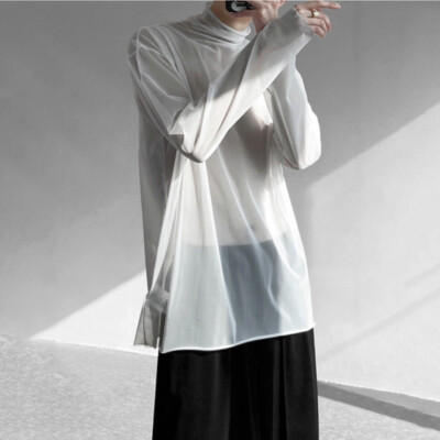Mens Tulle Top Mesh High Neck Tee Shirt Sheer Long Sleeve Punk