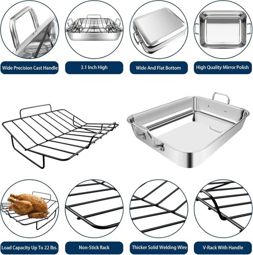 Roasting Pan Stainless Steel with Rack 16 Inch Rectangular Turkey Ham Roaster - Picture 2 of 8