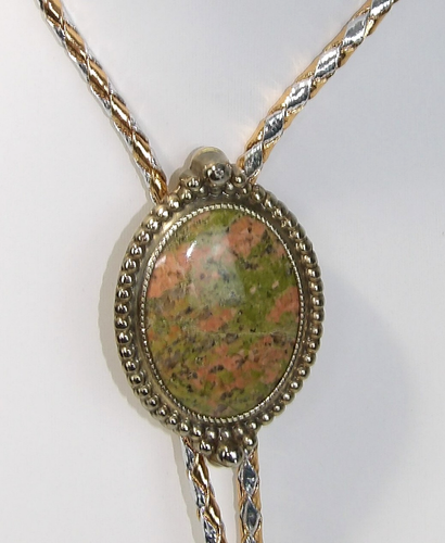 Unikite Cabochon Gemstone 32" Western Bolo Tie Braided Two Tone Leather - Picture 1 of 8