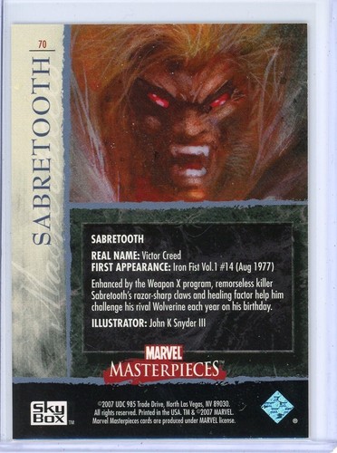 2007 Upper Deck Marvel Masterpieces Serie 1 Diente de Sable Base Set Tarjeta #70 - Imagen 2 de 2