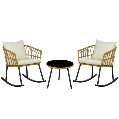 3 Pieces Patio Rocking Chair Patio Set w/ Cushions & Glass Top - Picture 3 of 11