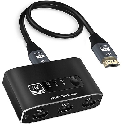 8K HDMI 2.1 Switch 3 in 1 out HDMI2.1 Switcher For PS5/ PS4 For Roku/Fire TV