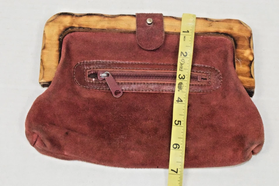 Bolso de mano de cuero vintage años 60 marrón rojizo gamuza asas mango de madera Foto 4 de 4