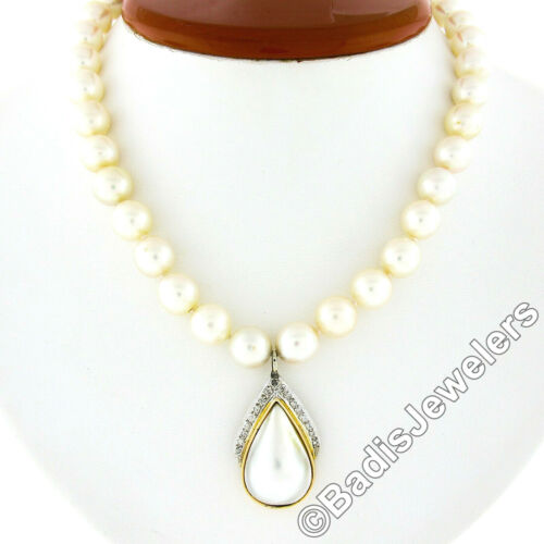 15" Cultured Pearl Strand Necklace w/ 14K TT Gold Diamond Mabe Tear Drop Pendant - Picture 2 of 6