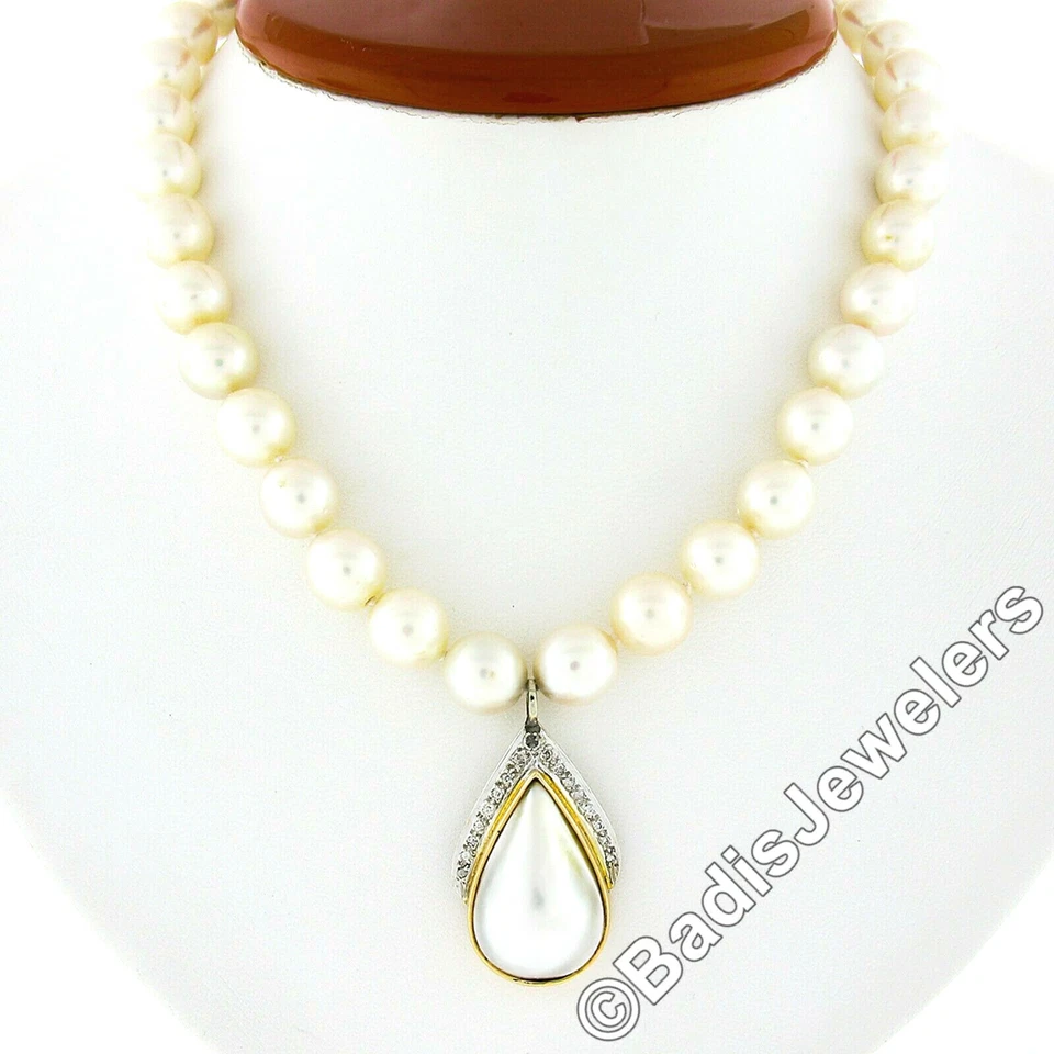 15" Cultured Pearl Strand Necklace w/ 14K TT Gold Diamond Mabe Tear Drop Pendant - Image 2 of 4