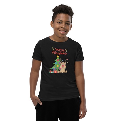 Christmas Tree and Reindeer Bella + Canvas 3001Y Youth Short Sleeve T-Shirt - Picture 4 of 19