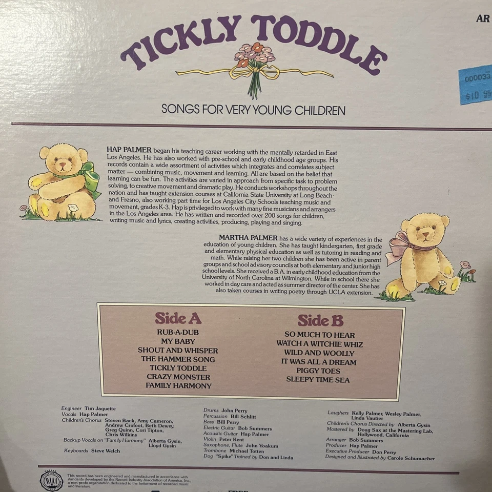 HAP PALMER & MARTHA PALMER Tickly Toddle 1981 Vinyl LP Activity Rec AR 597 - VG+ - Image 2 of 2
