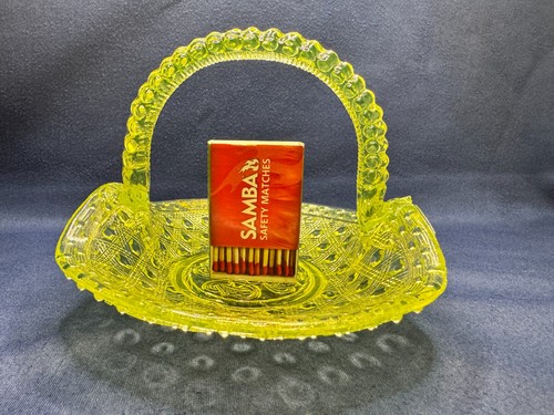 Uranium Glass Vaseline Basket Waffle Pattern Victorian Era Antique Glows - Picture 8 of 22