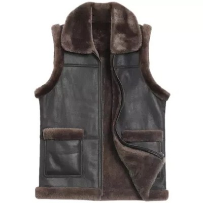 Men B3 Bomber RAF  Real Sheepskin Shearling Pilot Flight Dark Brown Leather Vest