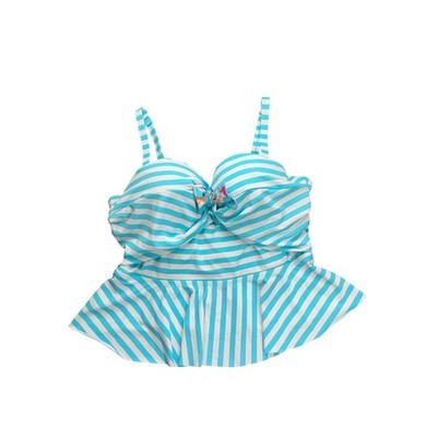 Torrid Swim Tankini Top Sz 2 D/DD Blue White Striped Peplum Bow Front Beachwear